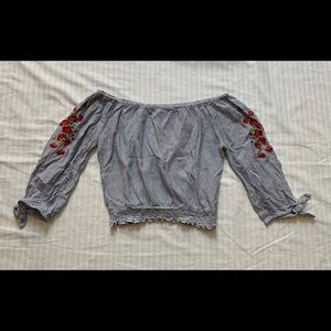 Stripe off the shoulder top with rose embroidery